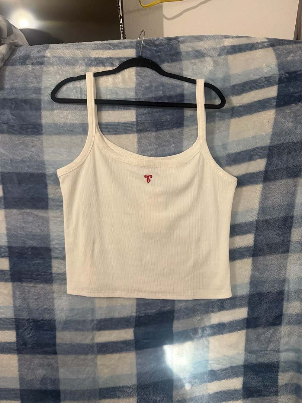 White Birch White Ribbed Tank Top with Embroidered Red Bow Detail